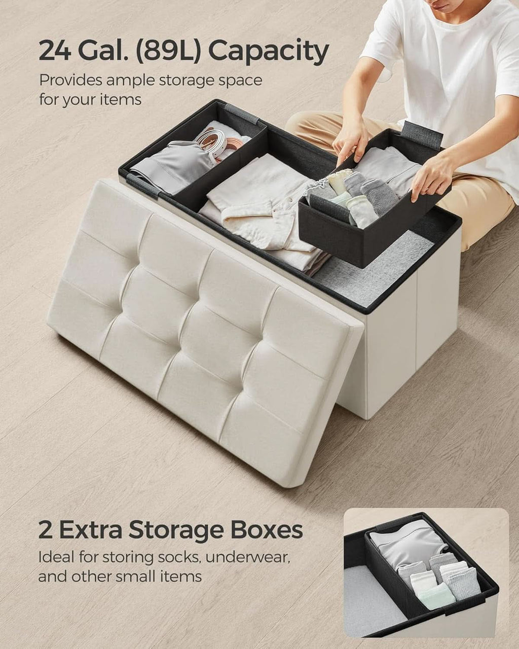 Cream White Foldable Storage Ottoman Bench 15x30x15