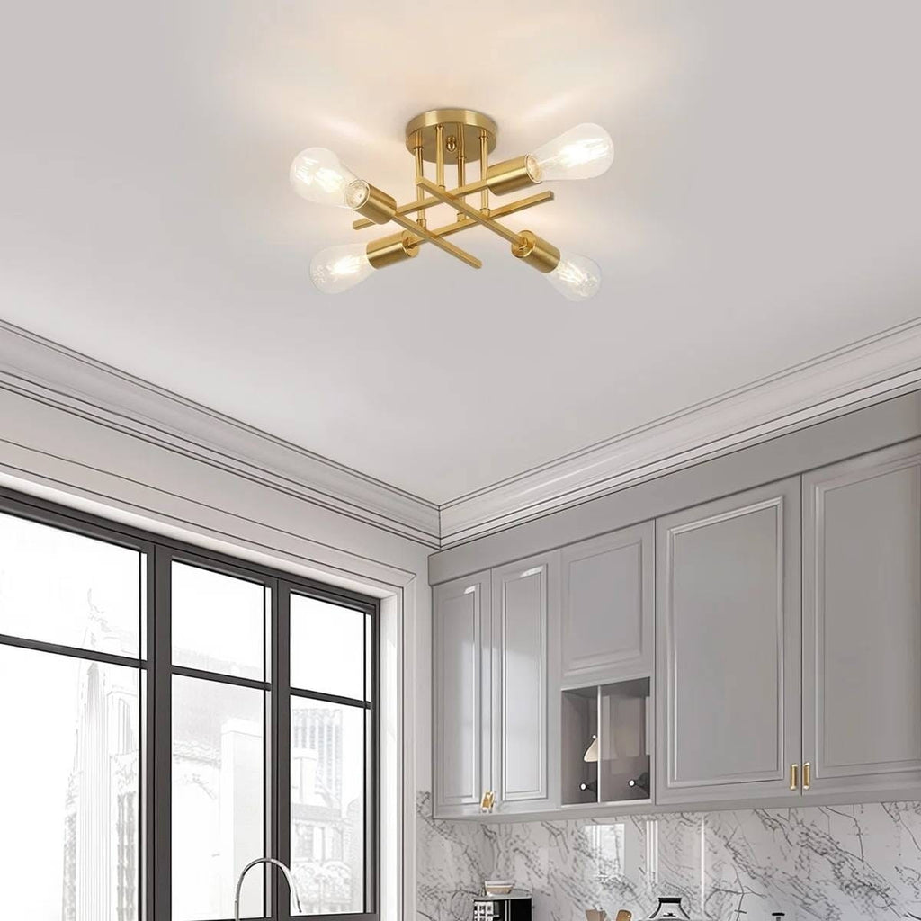 4-Light Flush Mount Modern Sputnik Ceiling Light Fixture in Brass Finish