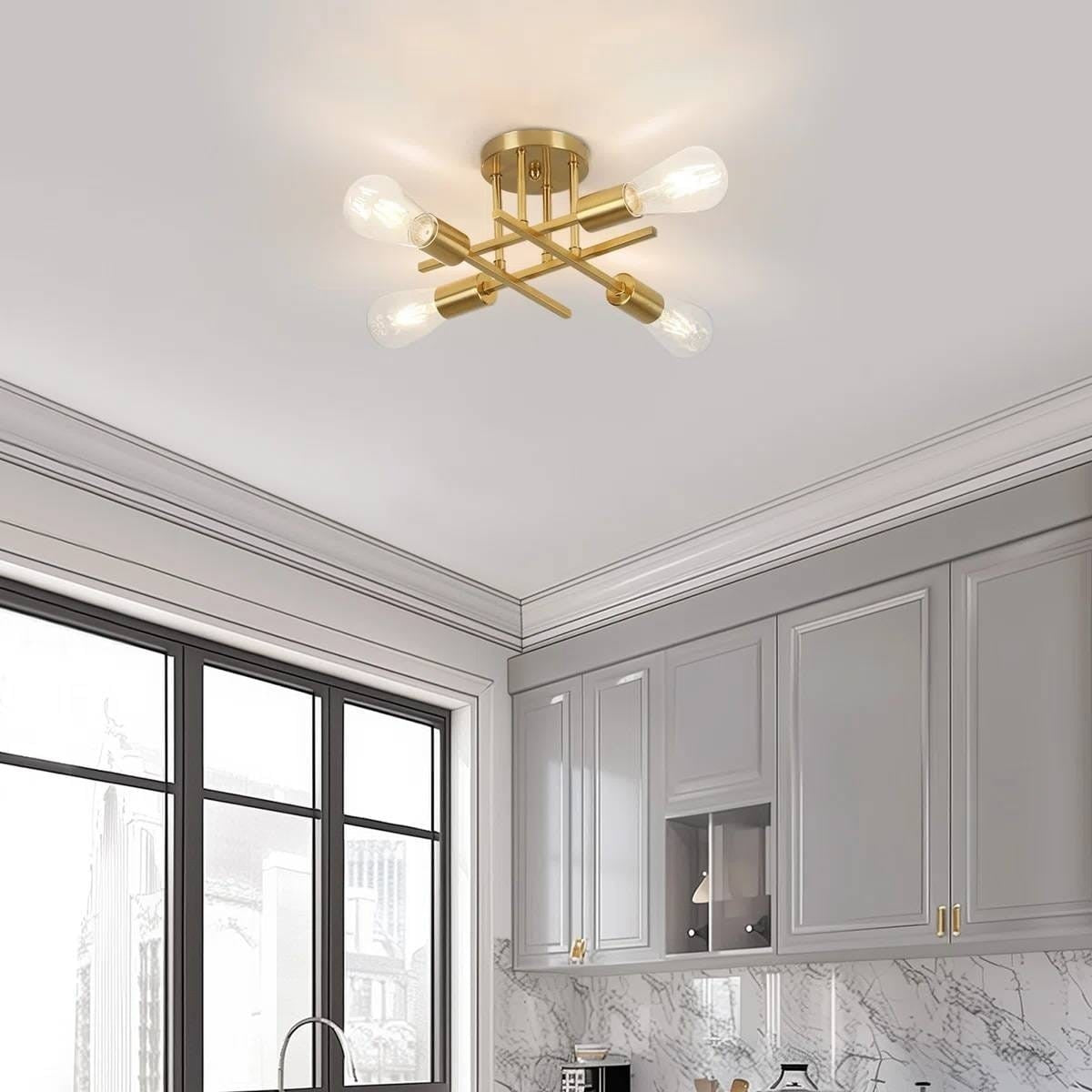 4-Light Flush Mount Modern Sputnik Ceiling Light Fixture in Brass Finish