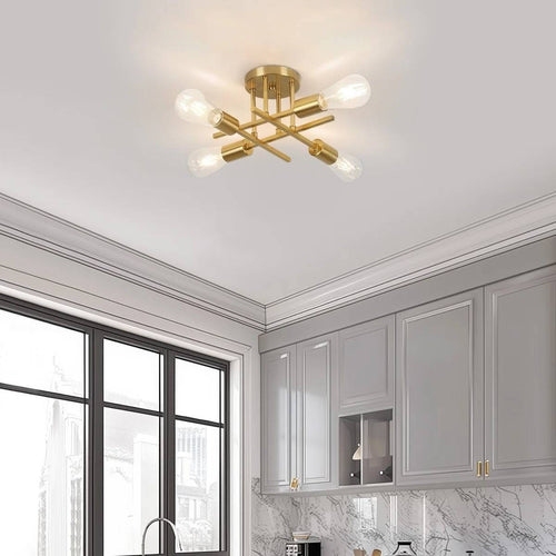 4-Light Flush Mount Modern Sputnik Ceiling Light Fixture in Brass Finish