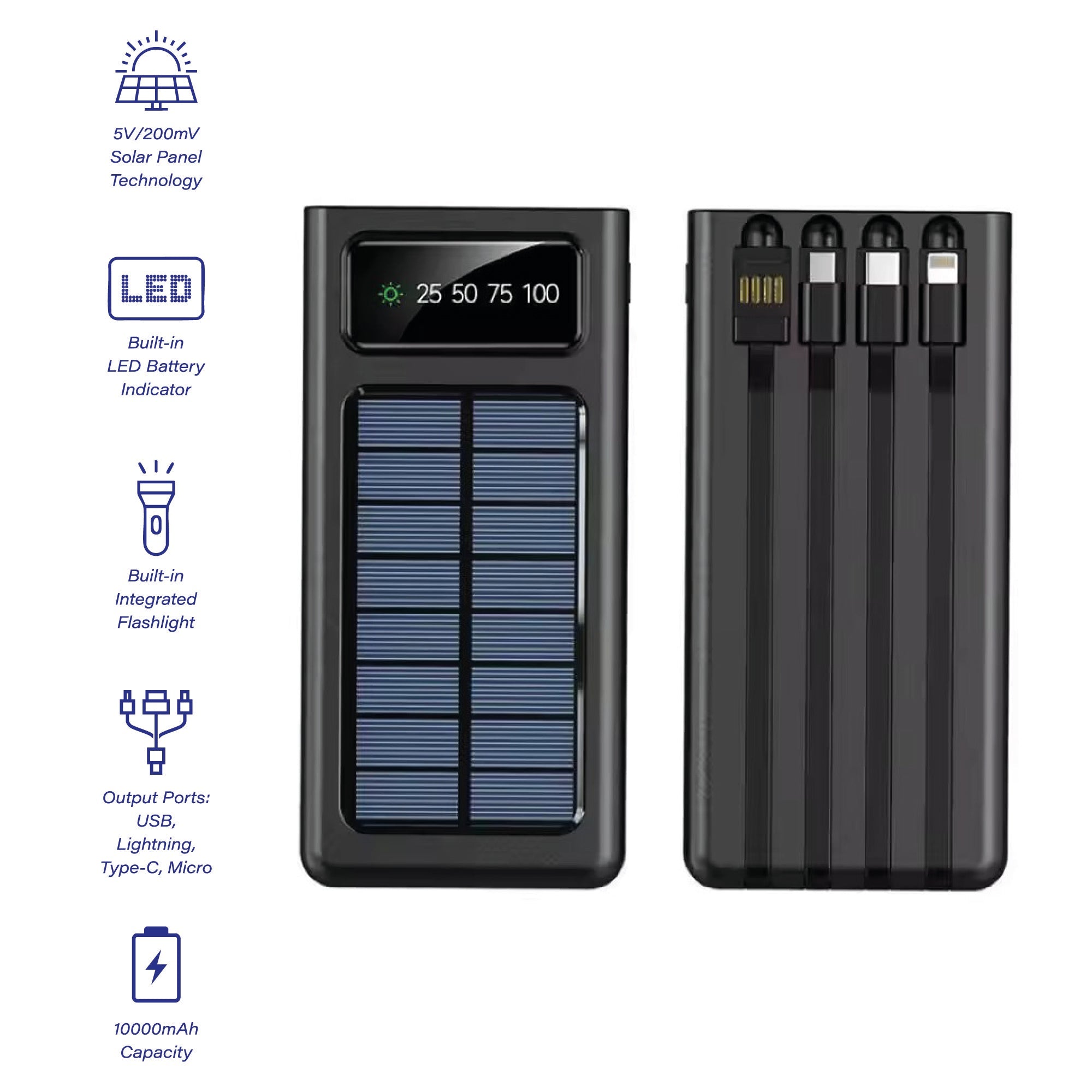 SolarSync LED Solar Power Bank with Built-In Cables